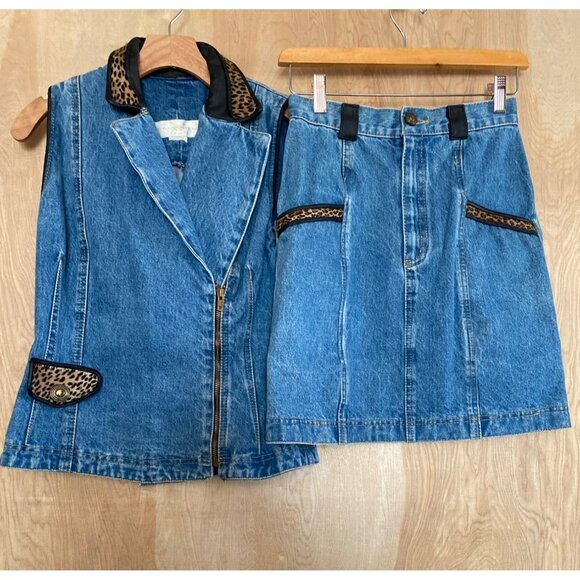 St. Maarten Dresses & Skirts - Vintage St. Maarten Dallas Denim Skirt Set Small Vest & Mini Skirt Leopard Trim